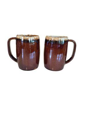 Vintage Hull Pottery Brown Drip Glaze Coffee Mug Cup Set of 2